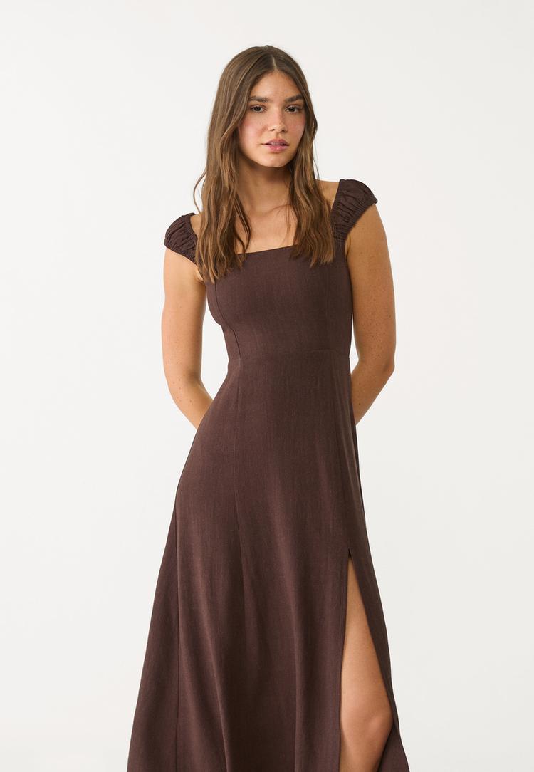 vestido fluido midi cruzado espalda con lino