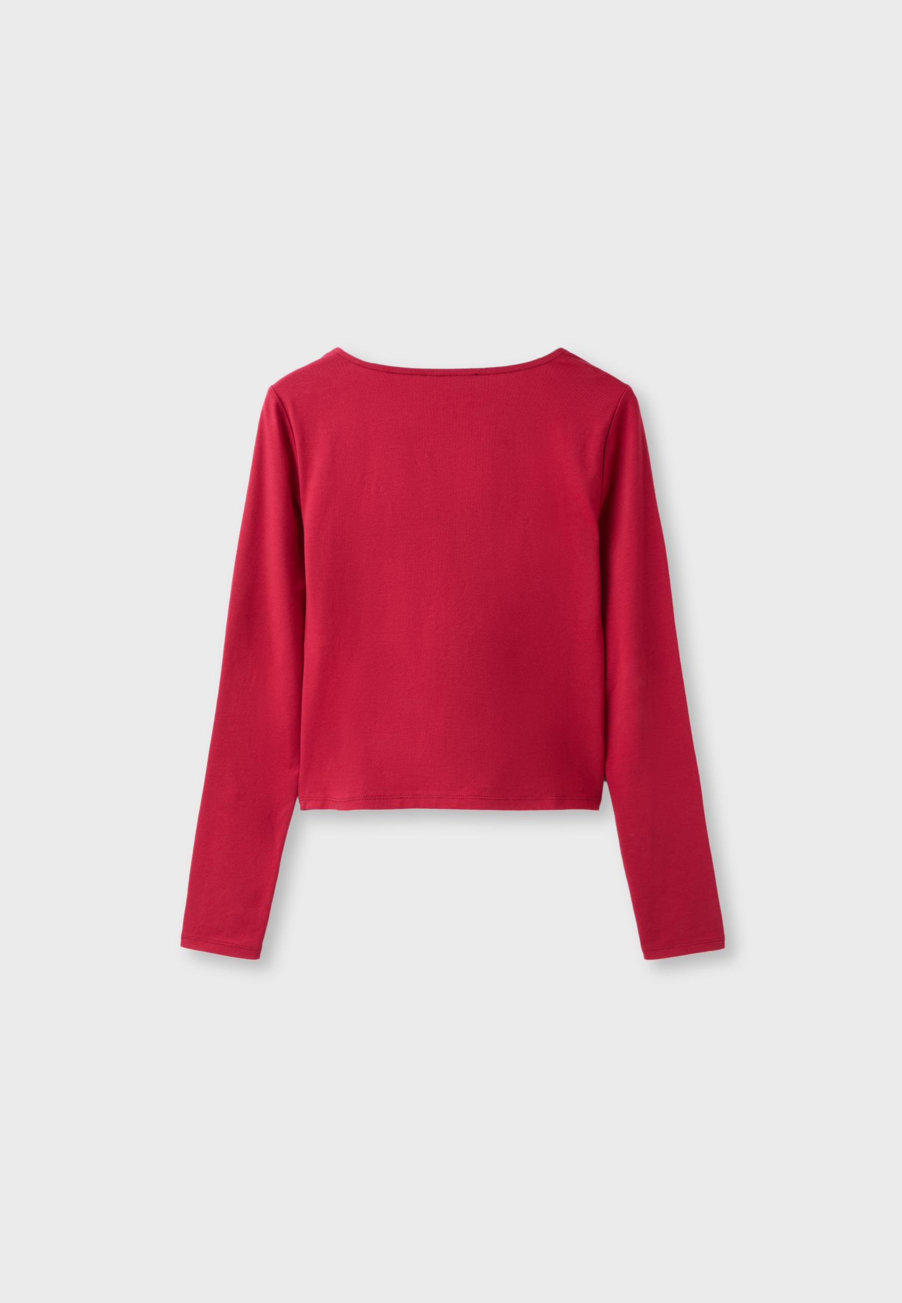 Under-bust cut long sleeve T-shirt — Red