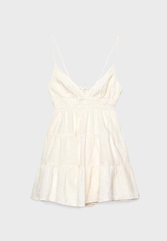 Mini flowing dress with back tie — Ecru