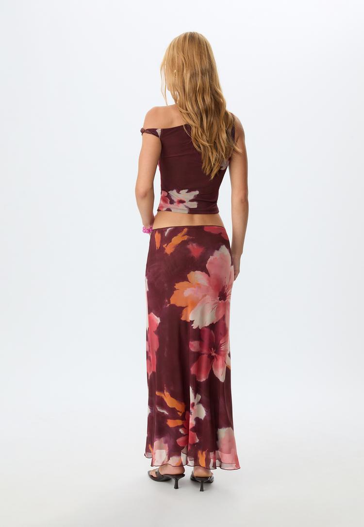 printed asymmetric tulle t shirt