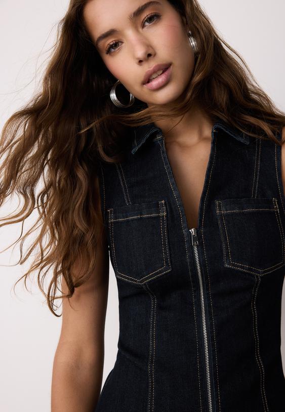 Stradivarius Short Sleeveless Zip-Up Denim Dress Overdyed Blue Denim M