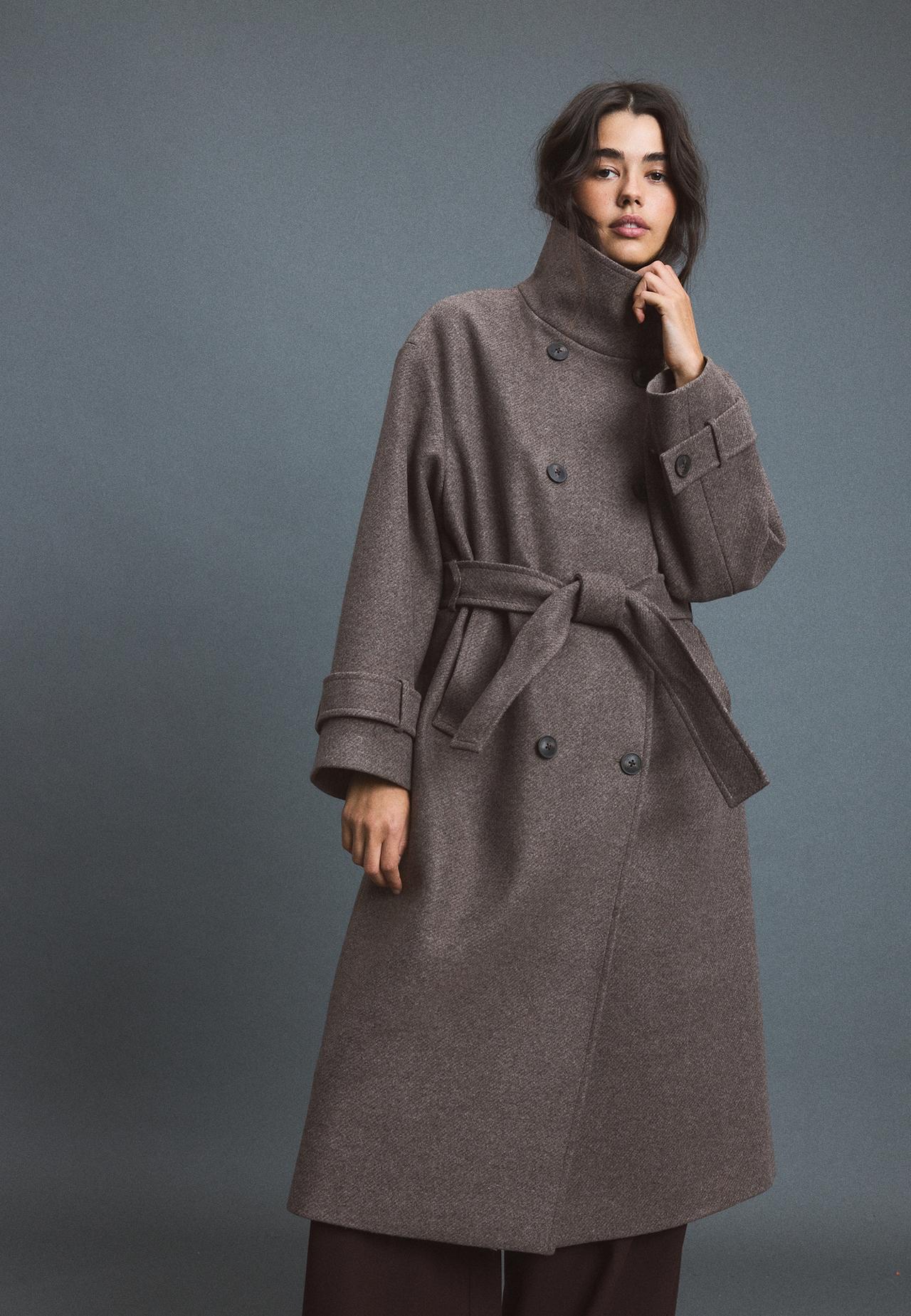 Soft-touch high neck long coat — Brown