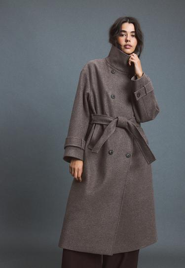 Soft-touch high neck long coat — Brown 1