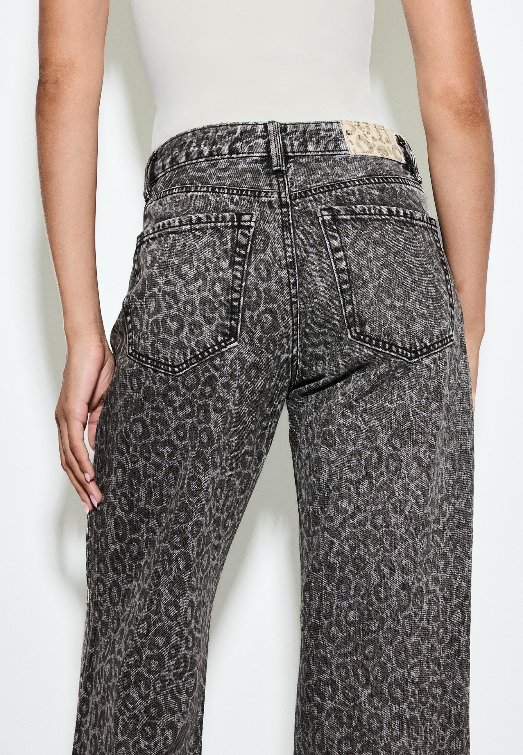 Straight wide-leg leopard print jeans — BLACK DENIM WASHED EFFECT