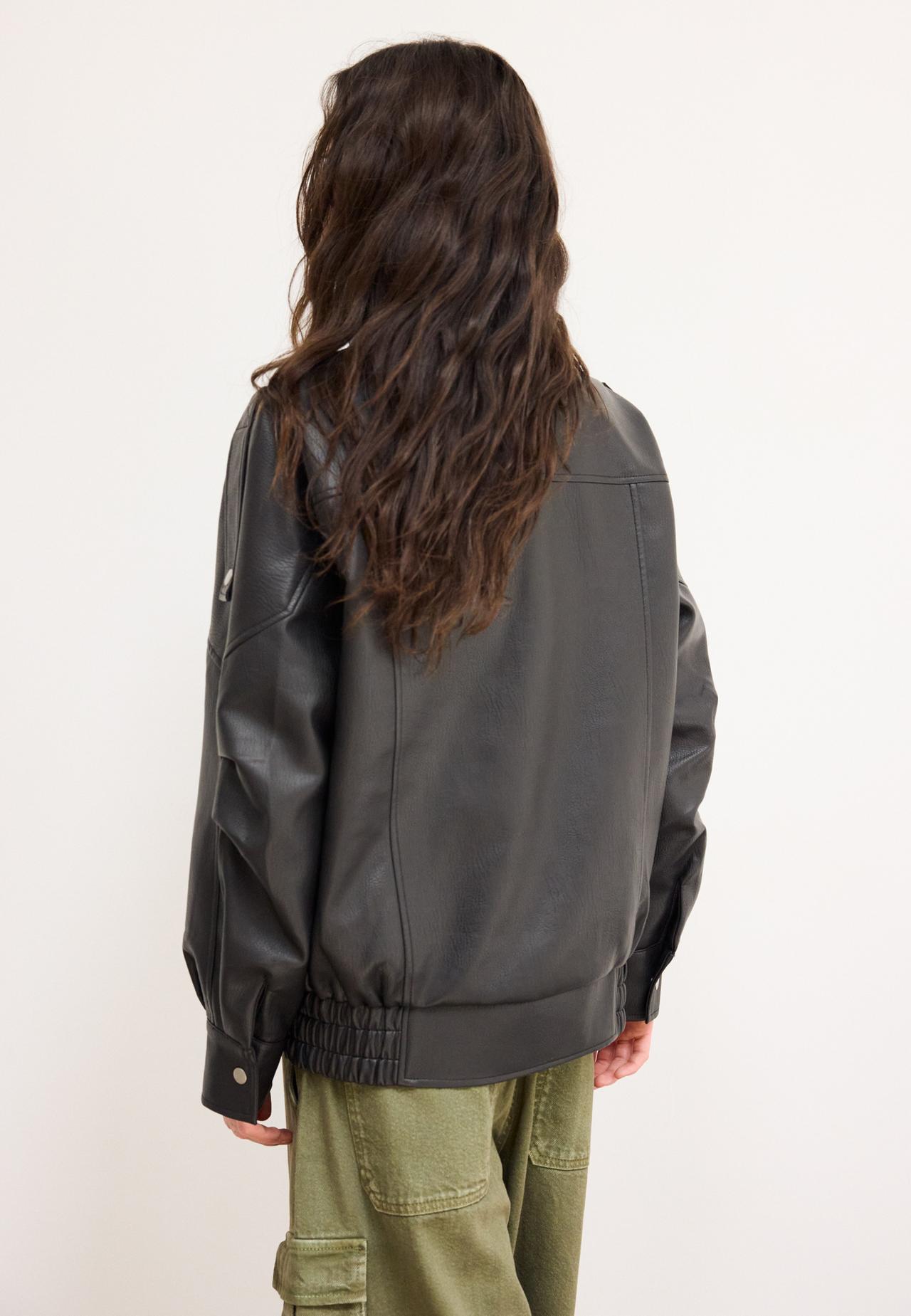 Oversize leather effect jacket with flap — Black