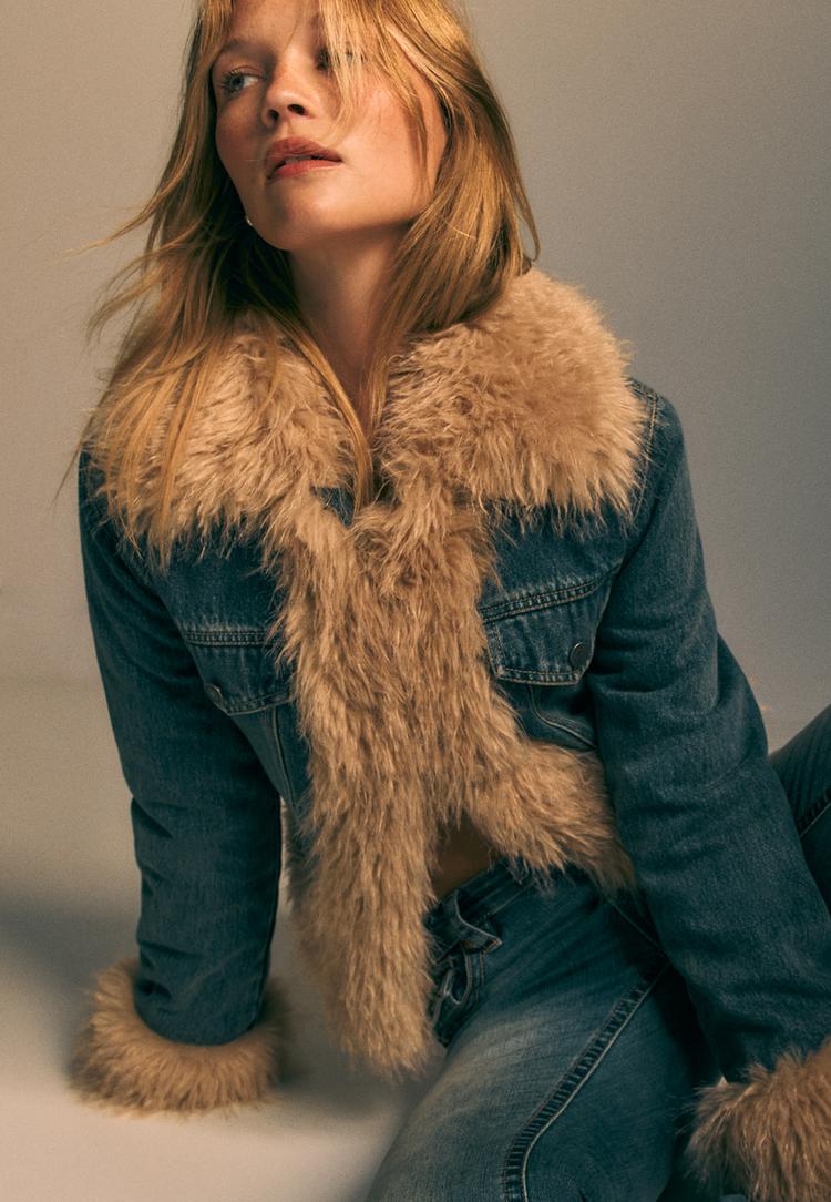 blouson matelasse en jean avec fausse fourrure