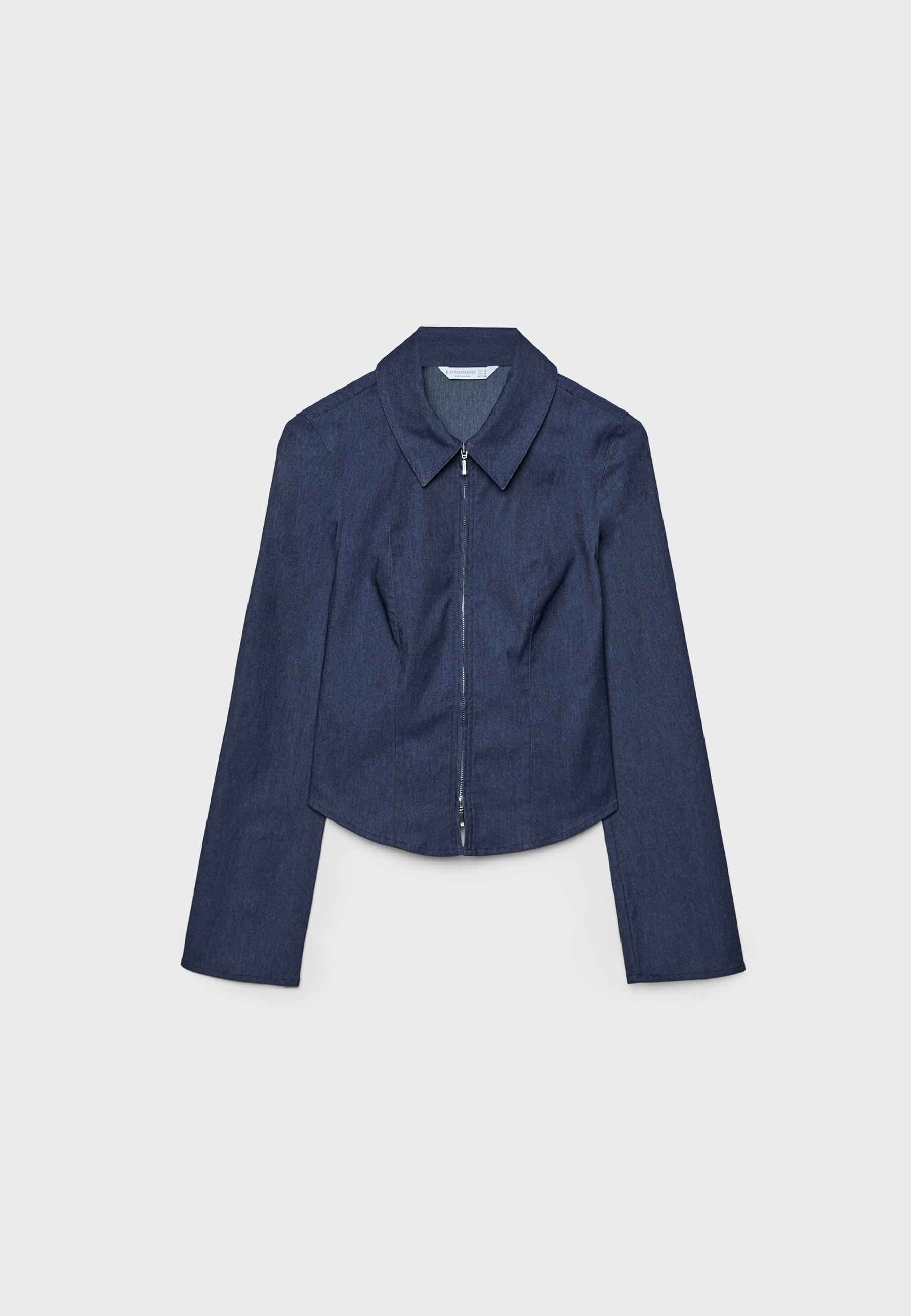 Fitted double zip bengaline denim shirt — OVERDYED BLUE DENIM