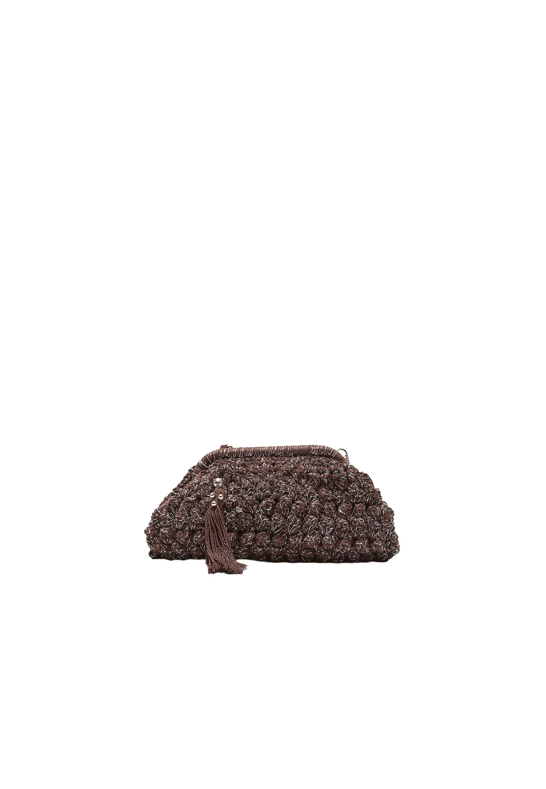 Metallic thread crochet bucket bag — Brown