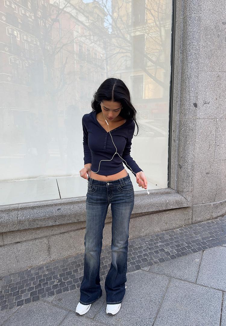 Stradivarius Μπλούζα Με Κουμπιά Navy Blue M