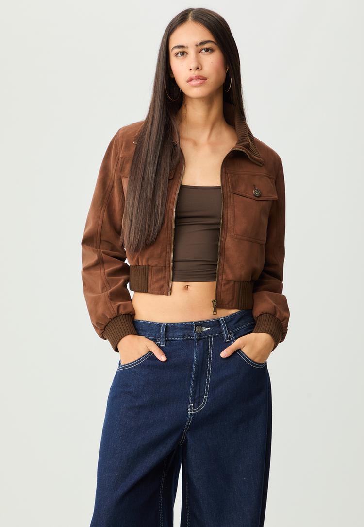 short leather effect jacket with pockets