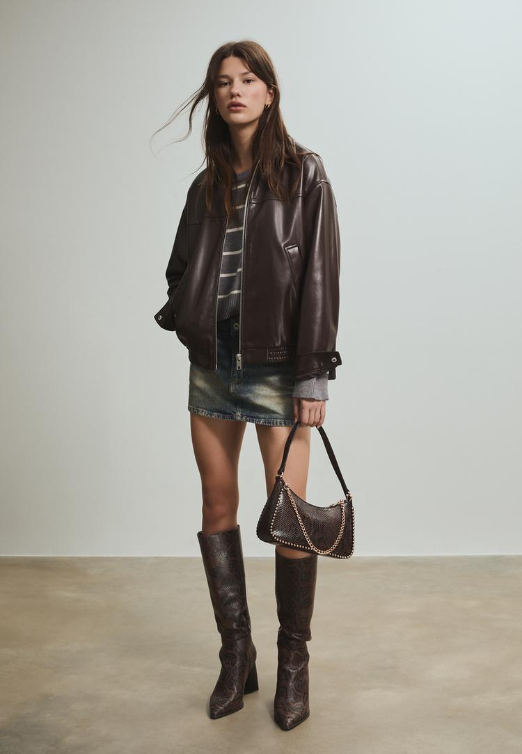 leather effect animal print beaded shoulder bag