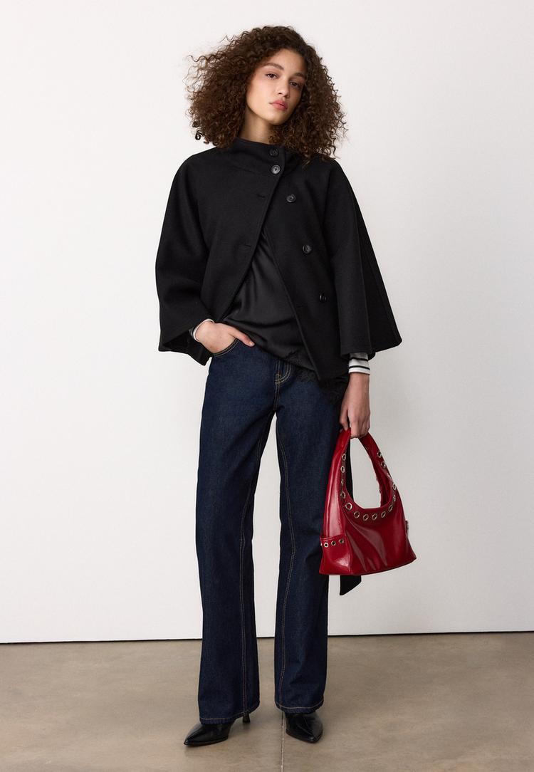 Stradivarius Τζάκετ Κάπα Με Απαλή Υφή Μαύρο M-L