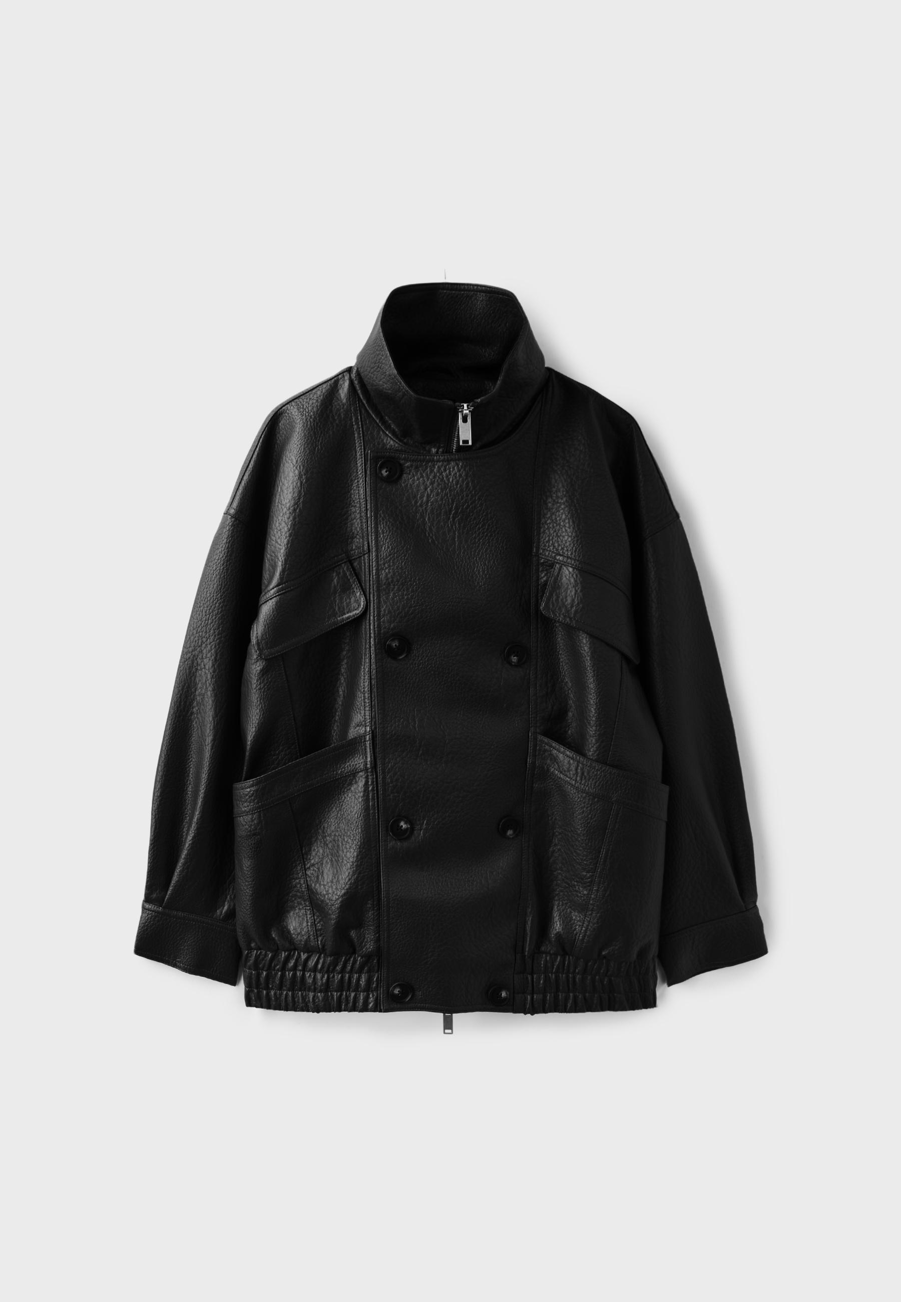 Oversized leather effect button-up jacket — Black