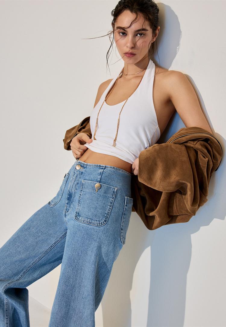 Stradivarius D77 Blugi Minimaliști Cu Buzunare Efect Prespălat Denim Albastru Mediu Deschis 32