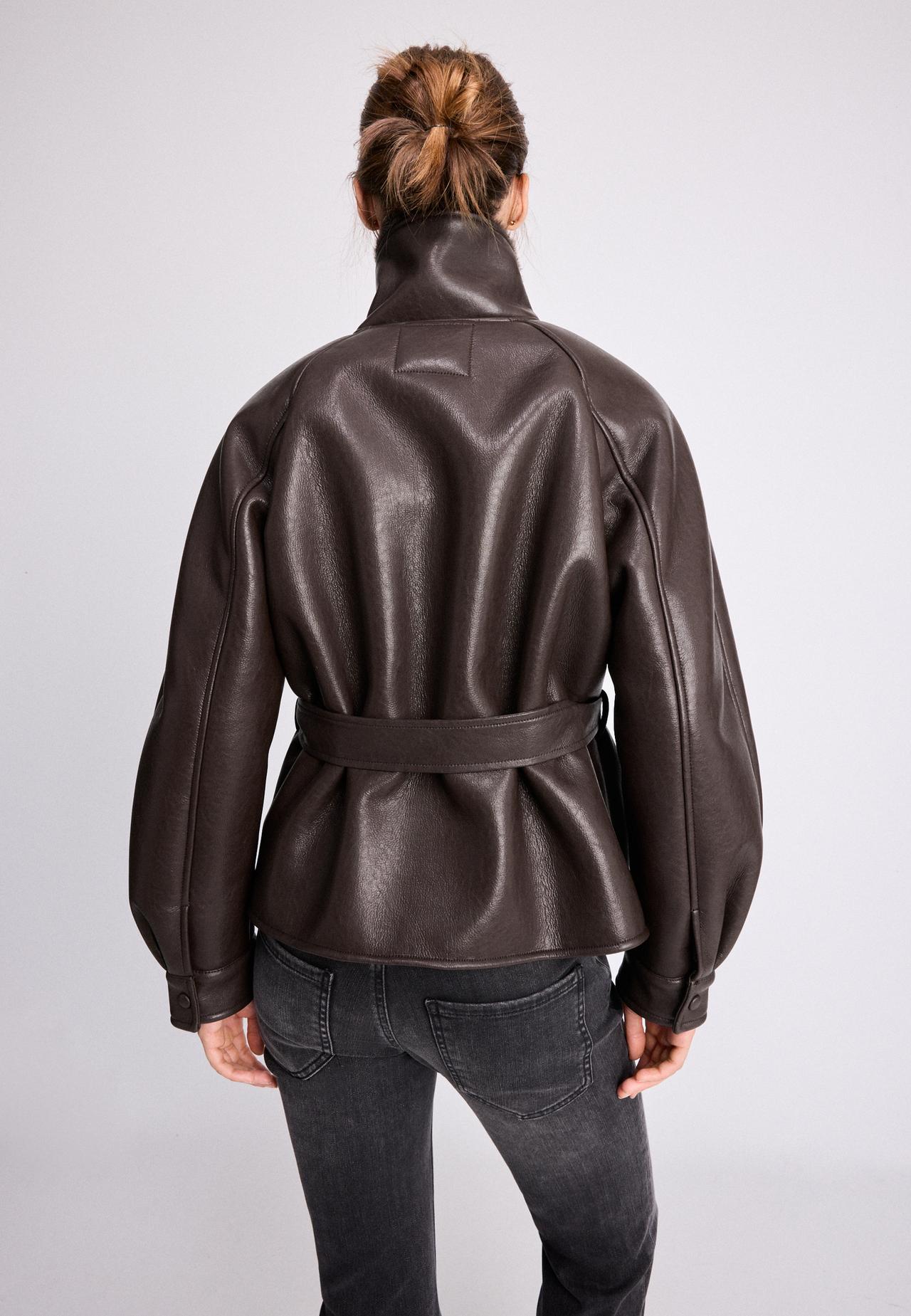 Leather effect double-faced high neck jacket — Brown