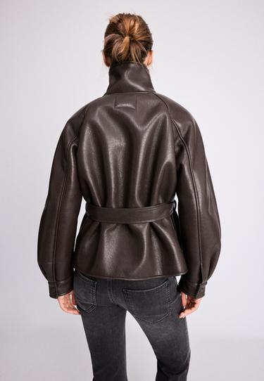 Leather effect double-faced high neck jacket — Brown 5