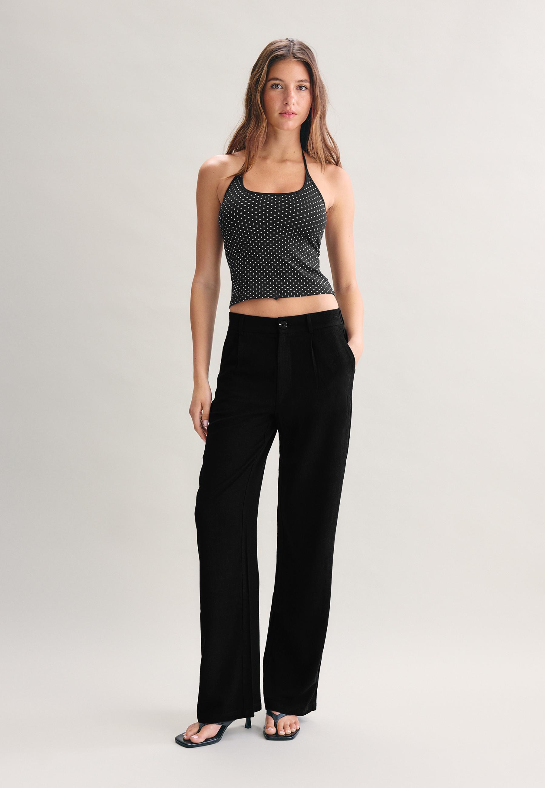 Straight-leg linen-effect trousers — Black
