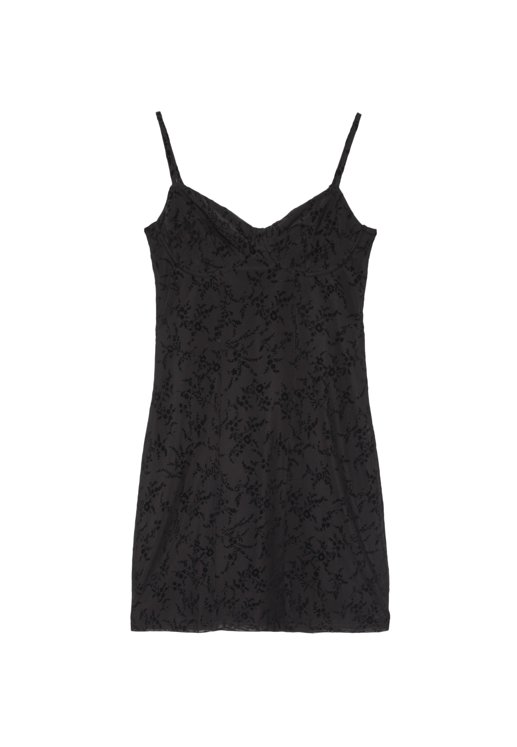 Short flocked strappy dress — Black