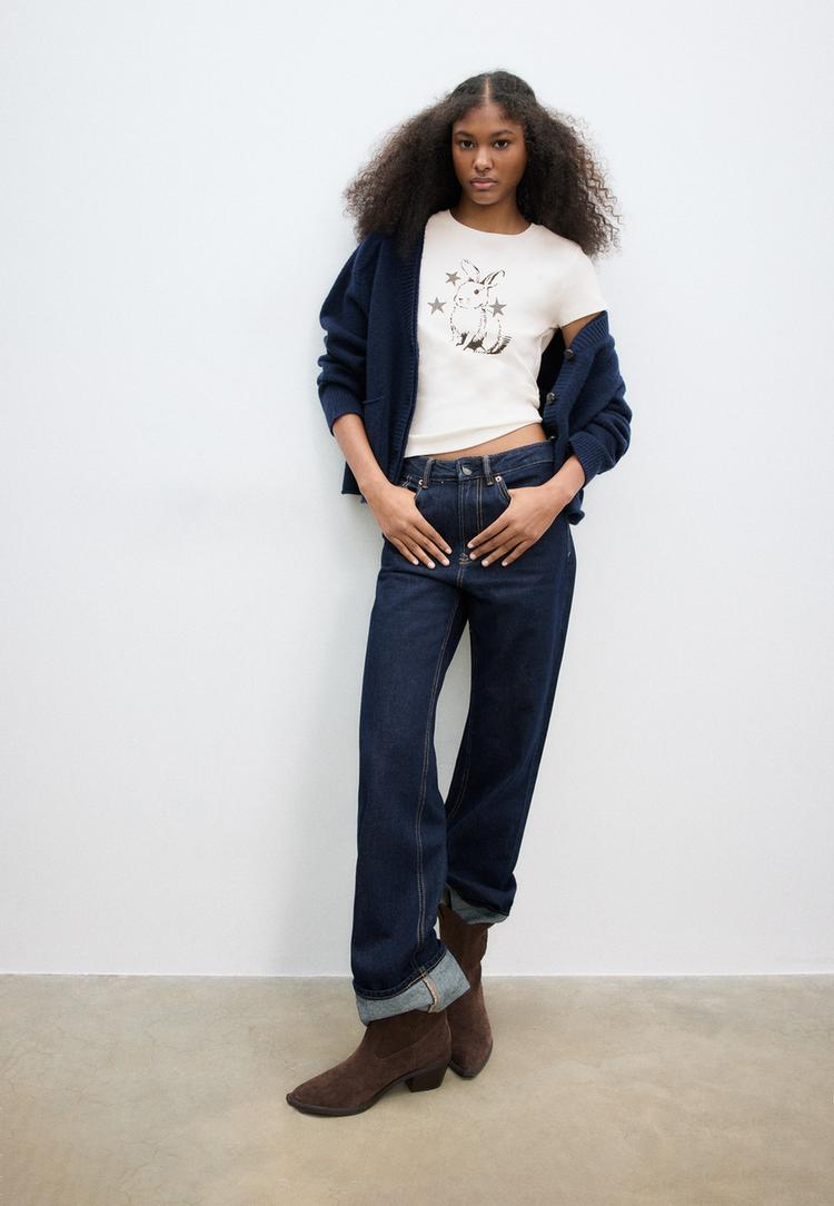 Stradivarius Εφαρμοστό Πουκάμισο Bunny Λευκό Xs