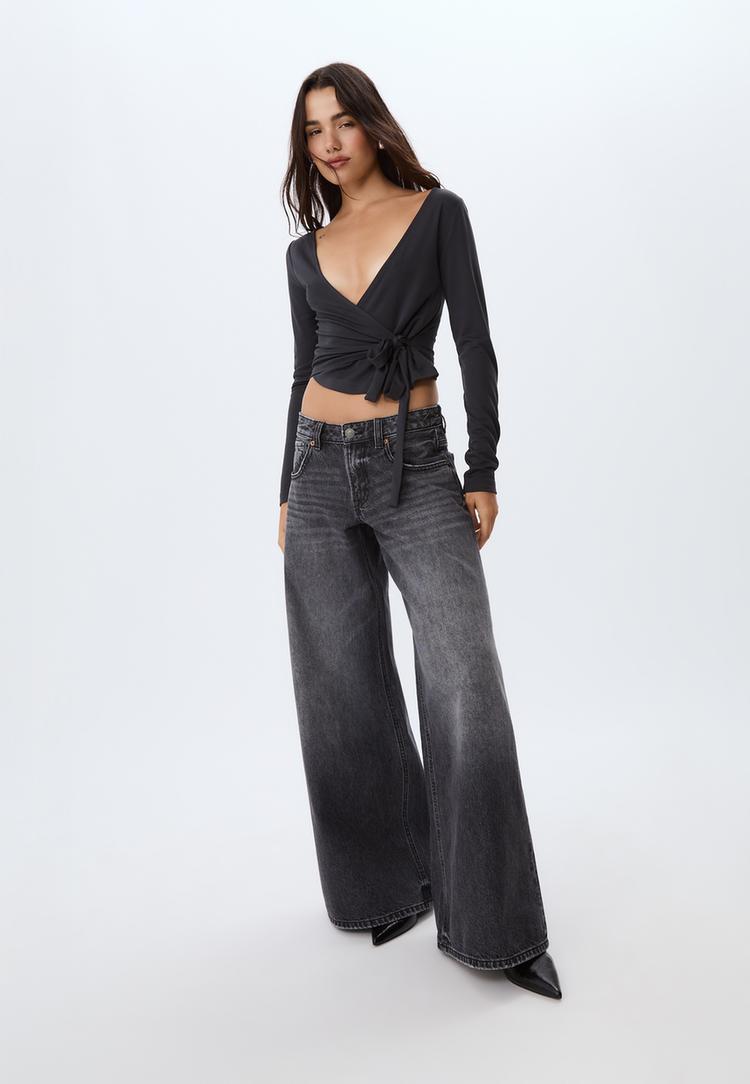 Stradivarius Τζιν Χαμηλόμεσο Φαρδύ Μπαντζάκι Αστέρια Σκούρο Γκρι 44