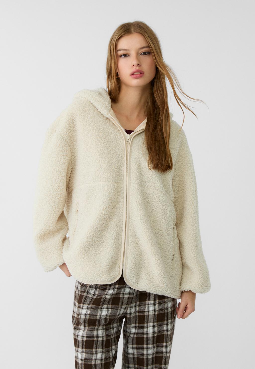 Hooded faux shearling lined jacket