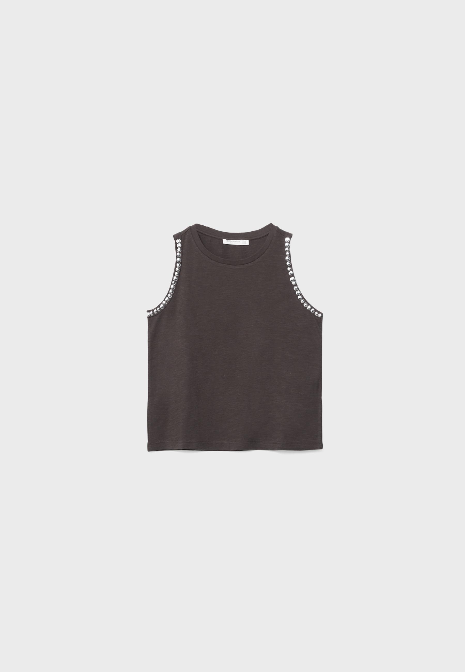 Sleeveless T-shirt with stud embroidery — Brown