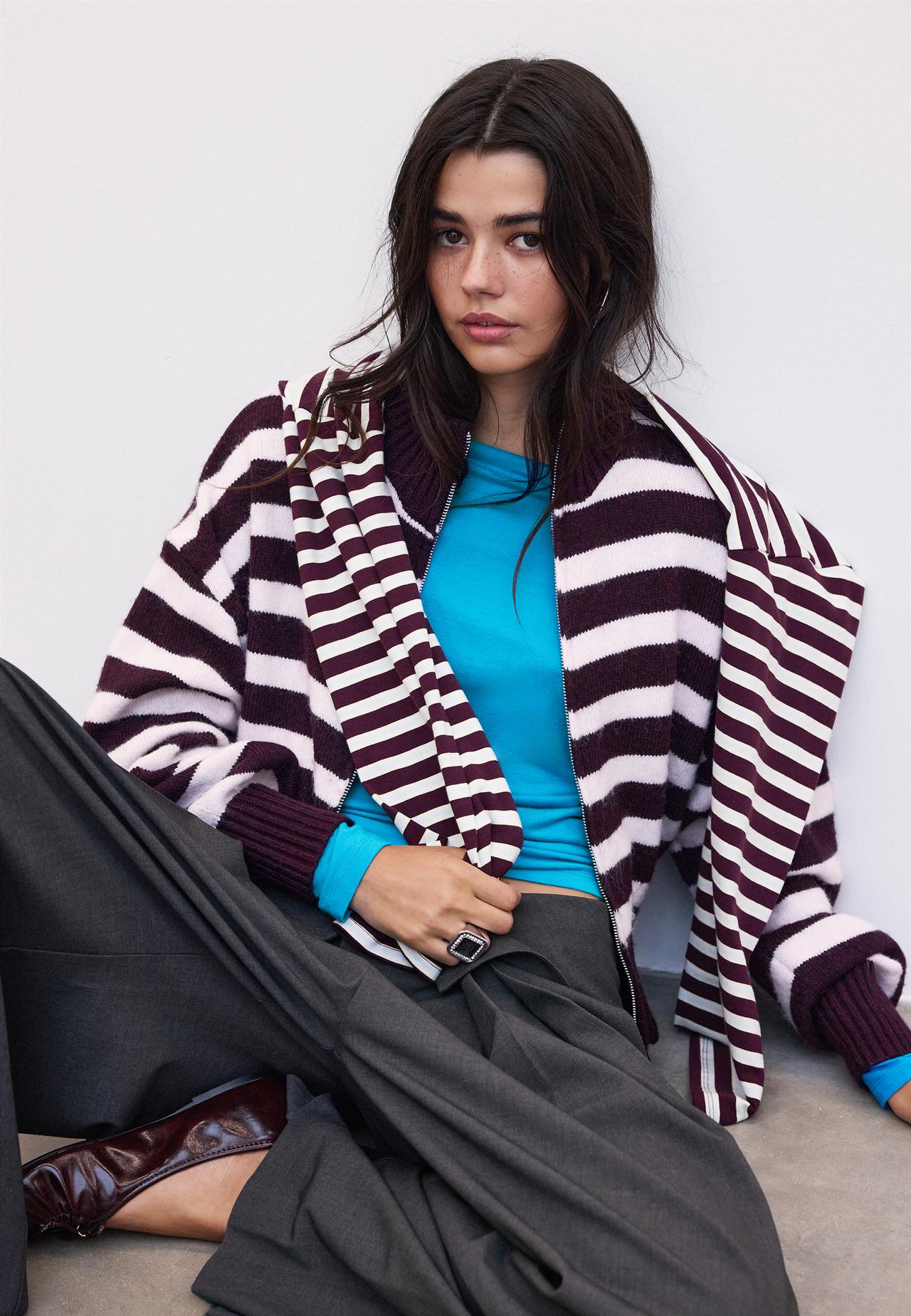 Striped zip-up knit cardigan — Dark purple