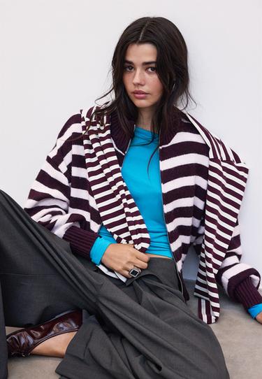 Striped zip-up knit cardigan — Dark purple 3