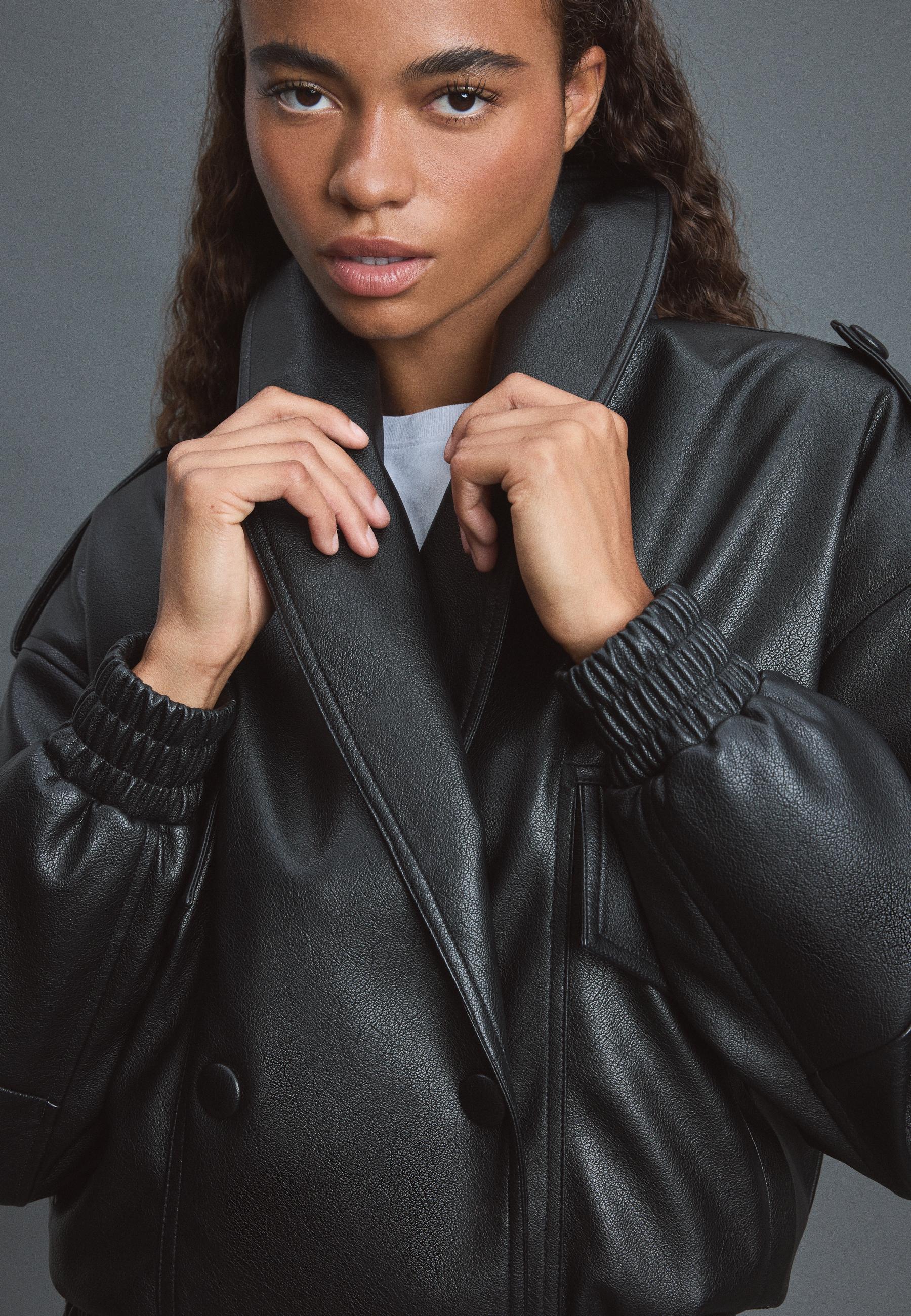Quilted leather effect boxy jacket — Black