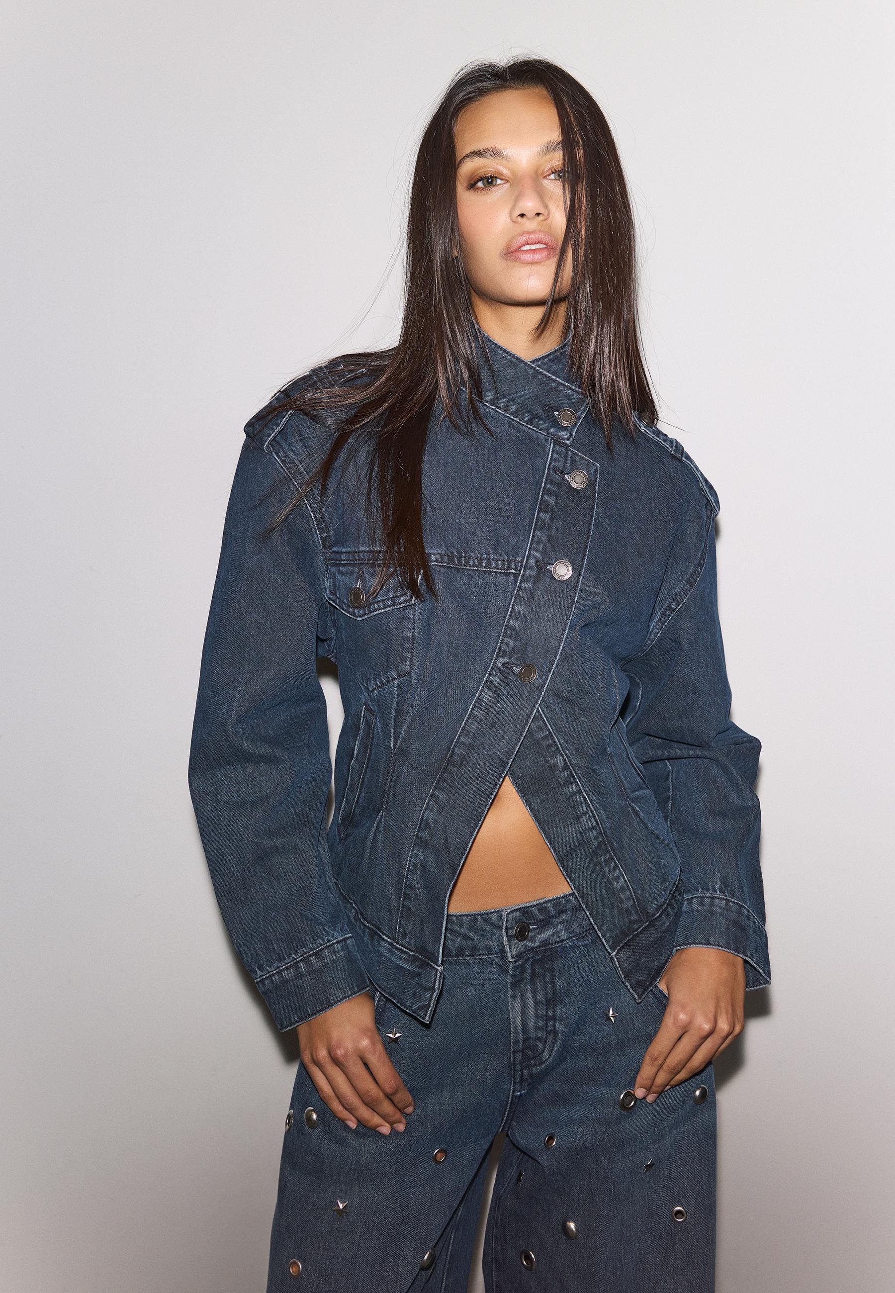 Cross-over denim jacket — BLACK DENIM WASHED EFFECT