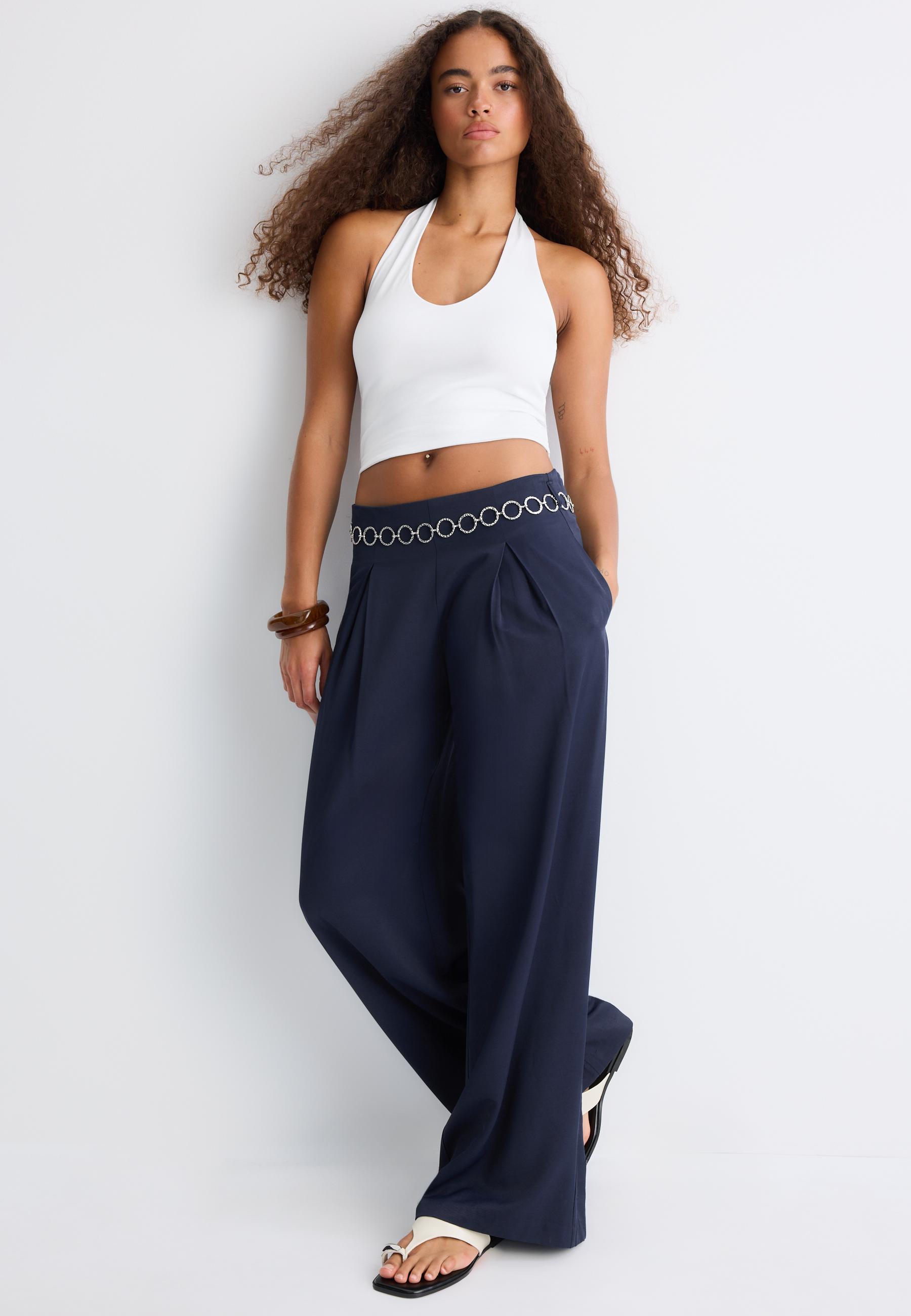 Satin darted trousers with chain belt — Navy blue