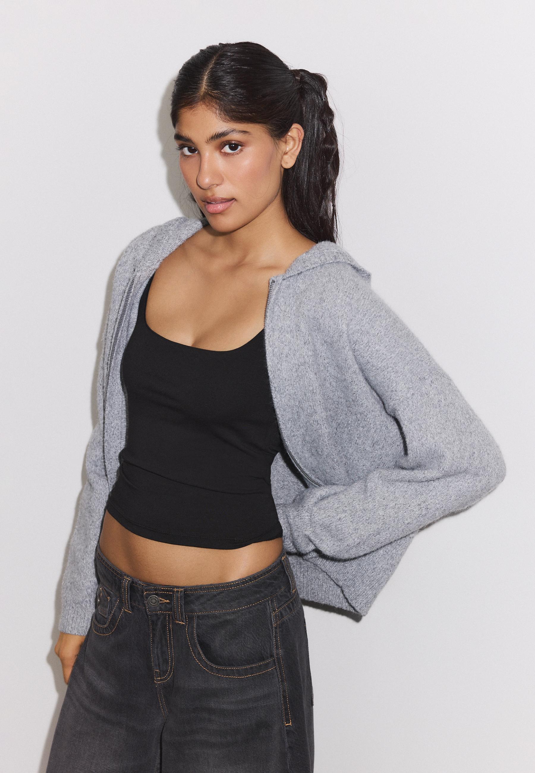 Zipped hooded knit cardigan — Grey melange