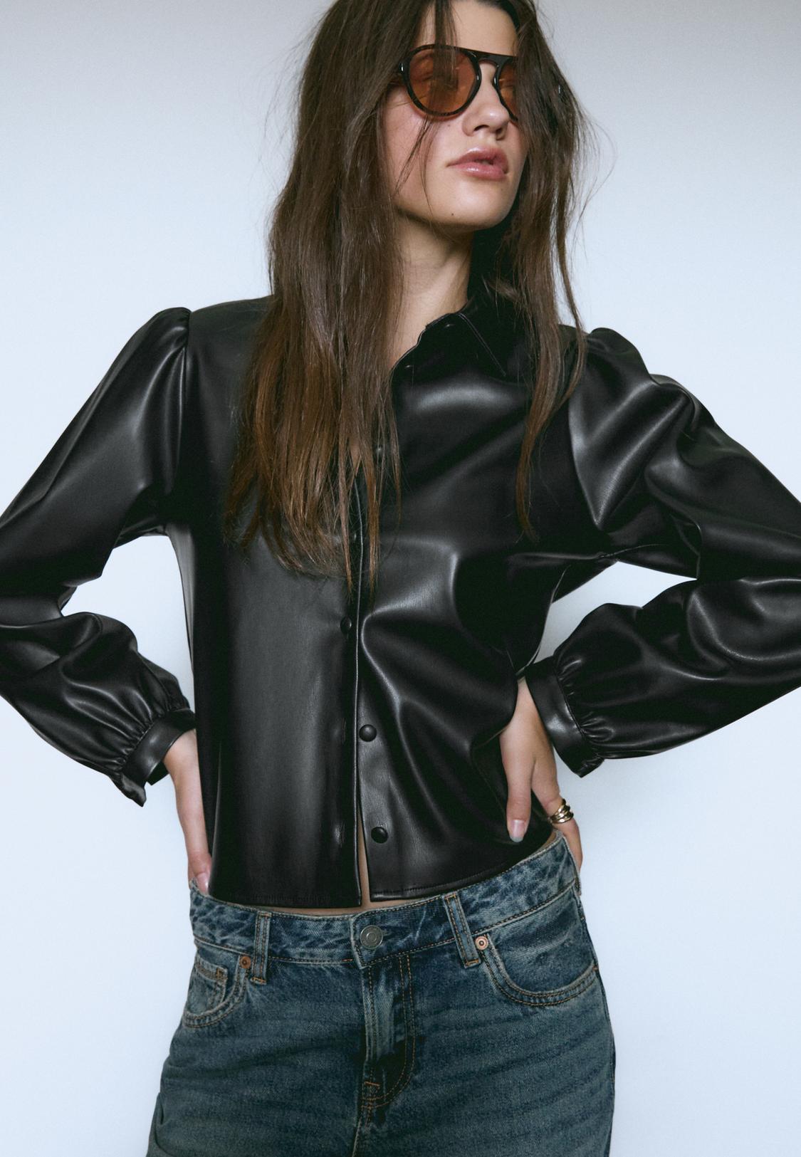 Faux leather shirt with puff sleeves Women's fashion