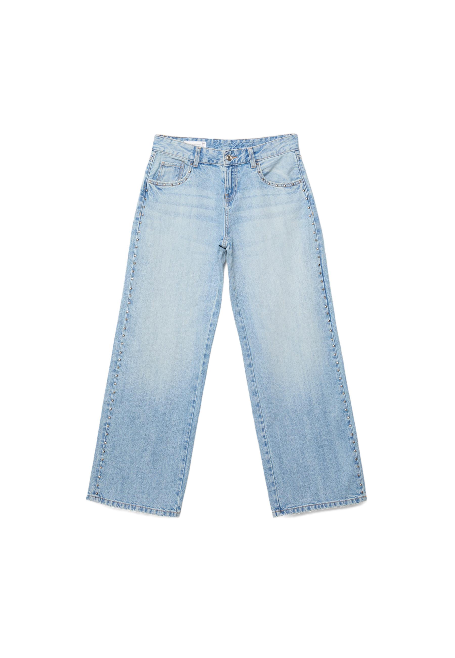 Wide-leg loose studded jeans — MEDIUM LIGHT BLUE DENIM