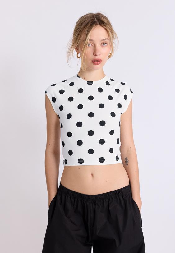 Stradivarius T-Shirt Court À Pois Écru Xs