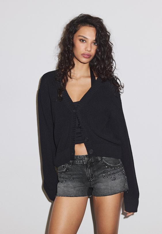 Stradivarius Button-Up Knit Cardigan Black M