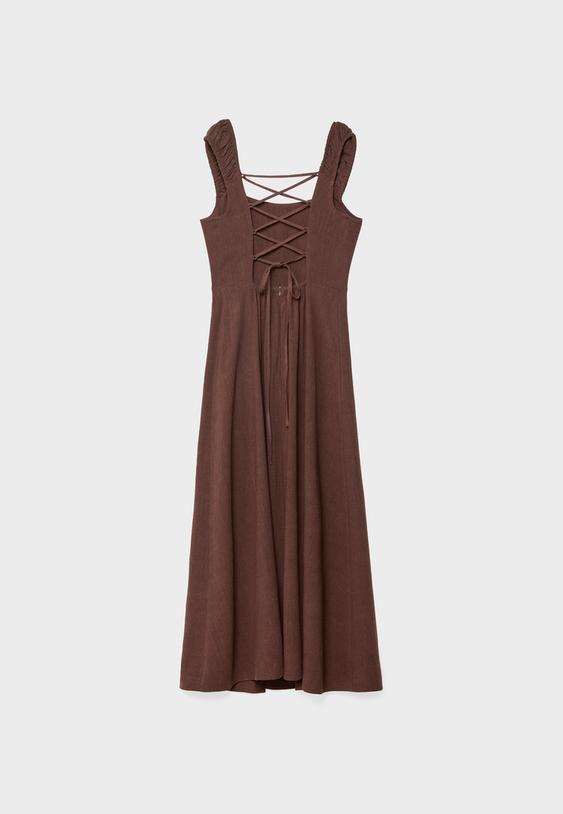 Keten görünümlü çapraz sırtlı midi elbise - Görsel 8