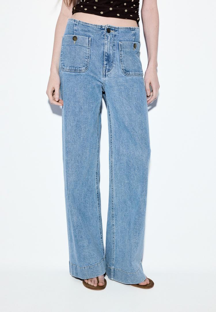 Stradivarius D77 Blugi Minimalist Cu Buzunare Efect Prespălat Denim Albastru Mediu Deschis 40
