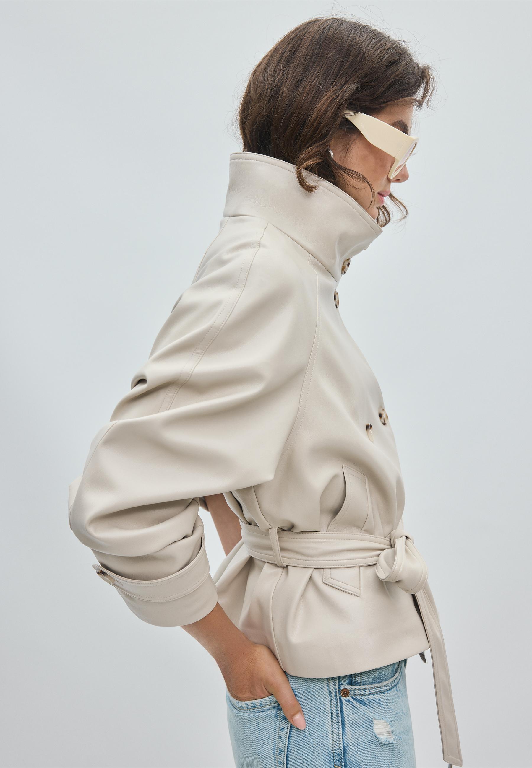 High neck leather effect trench coat — Ecru