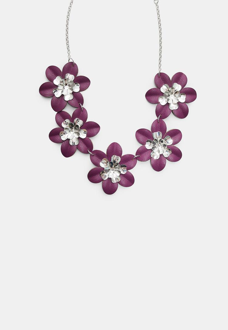 contrast leather effect flower necklace