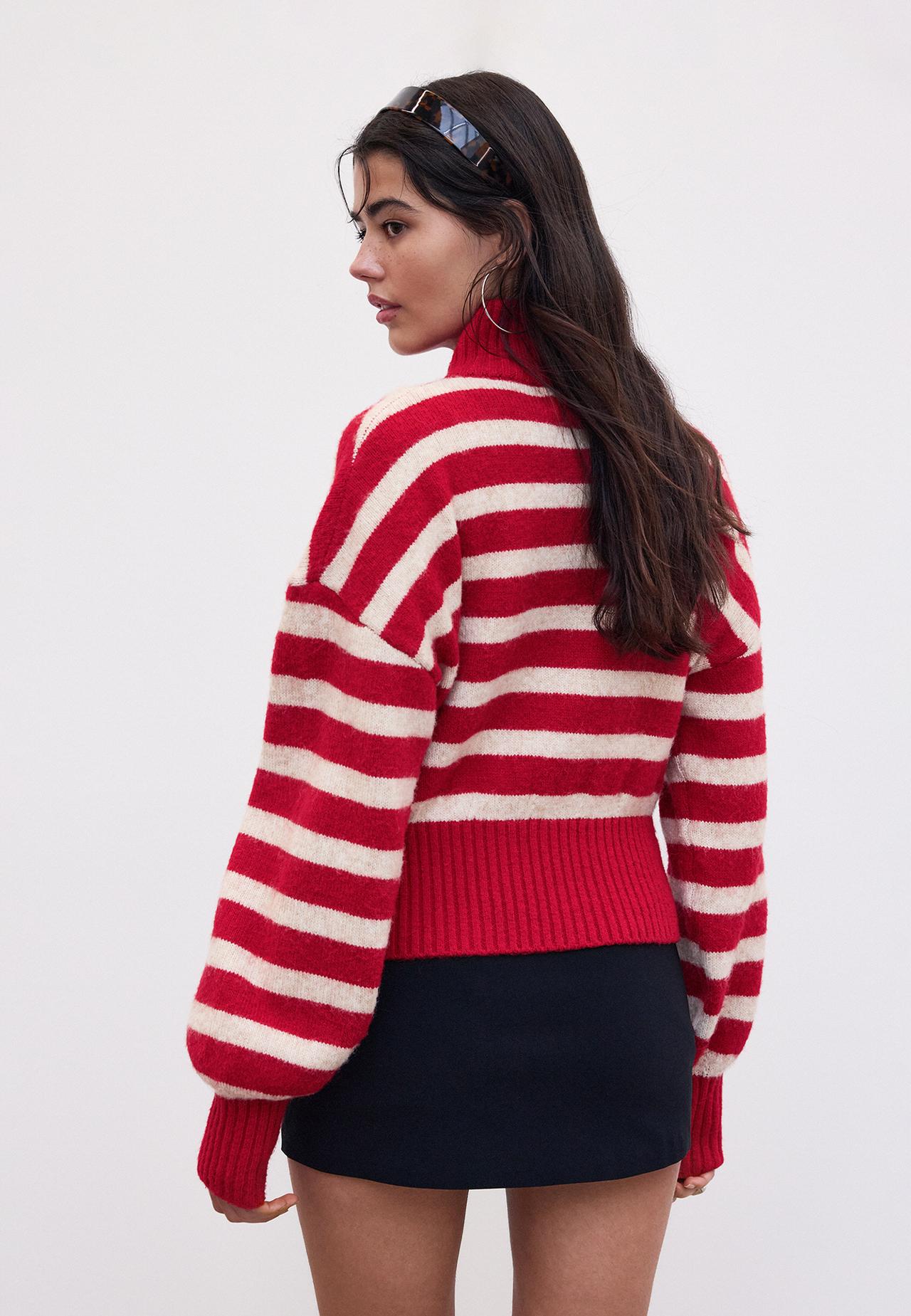Striped zip-up knit cardigan — Red