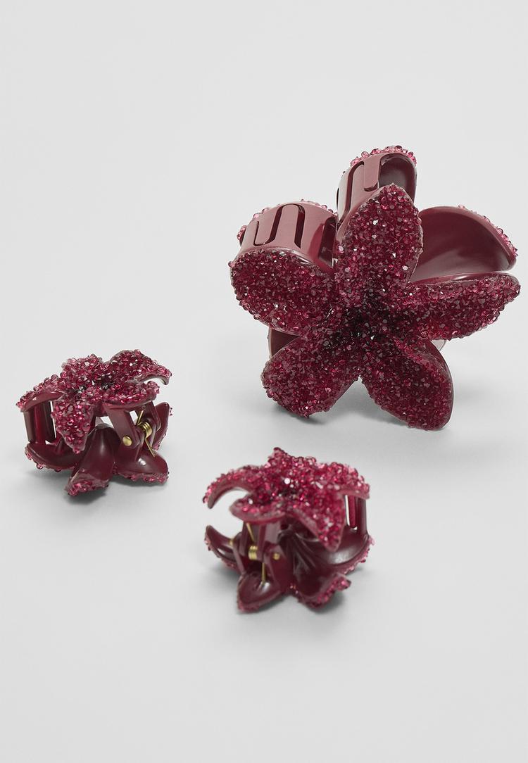 set 3 pinzas flor brillos