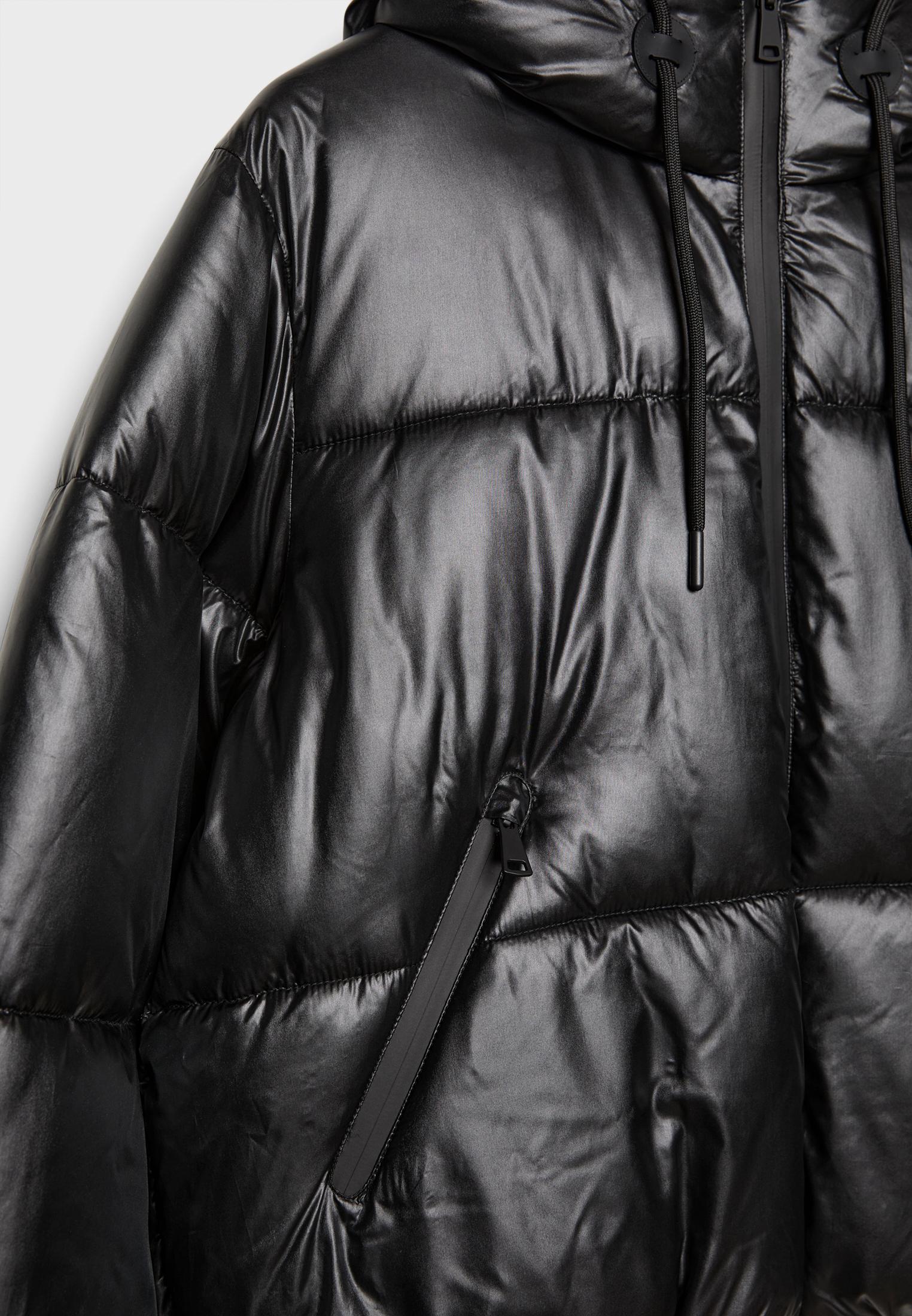 Metallic hooded puffer jacket — Black