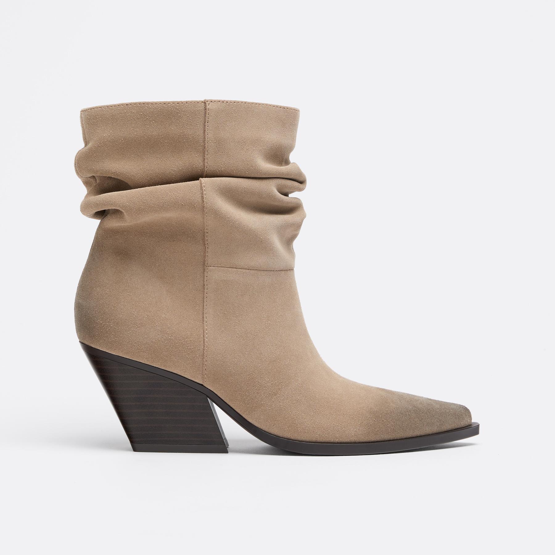 Brushed leather slouchy heeled ankle boots — BEIGE
