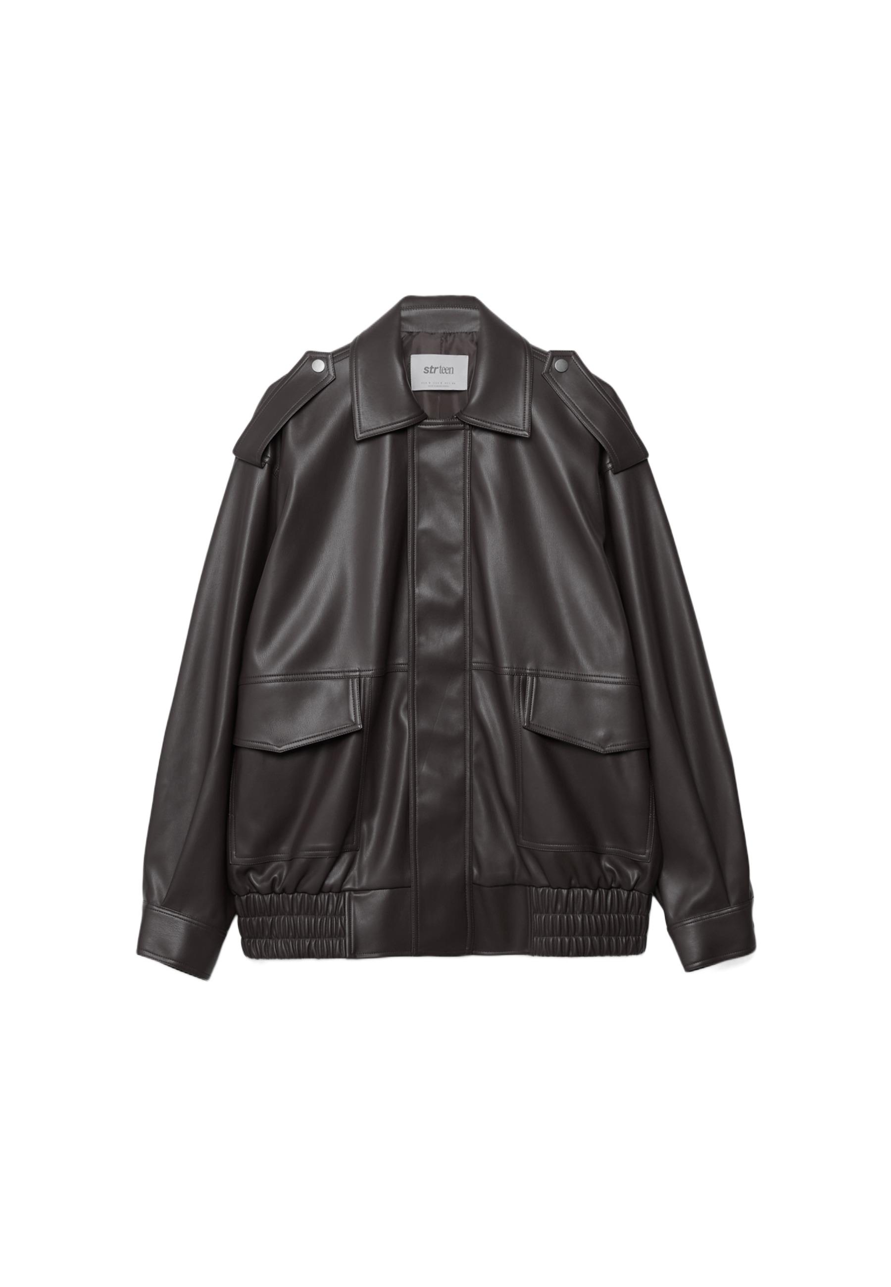 Oversize leather effect biker jacket — Brown