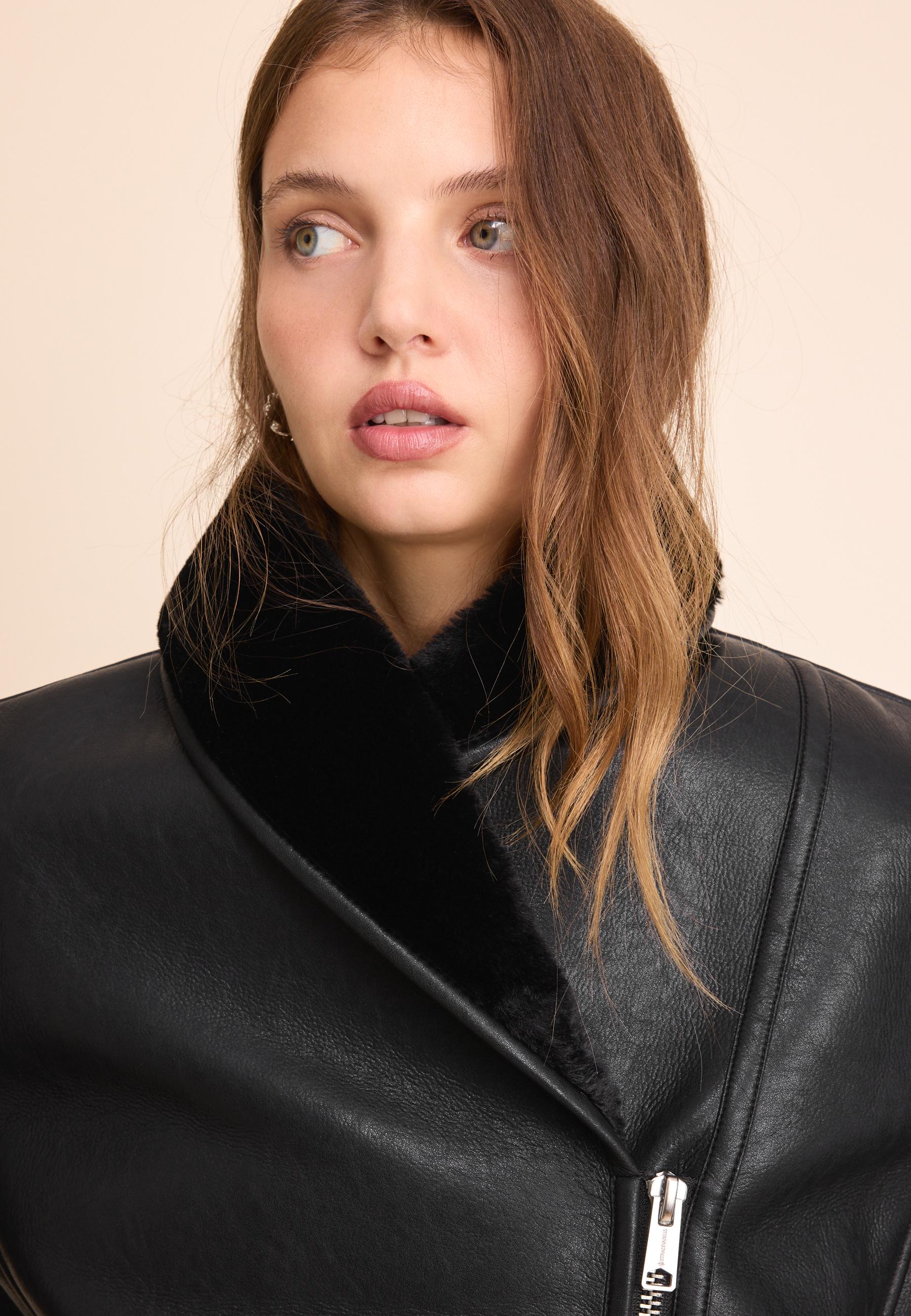 Leather effect shawl neck double-faced jacket - Women's fashion