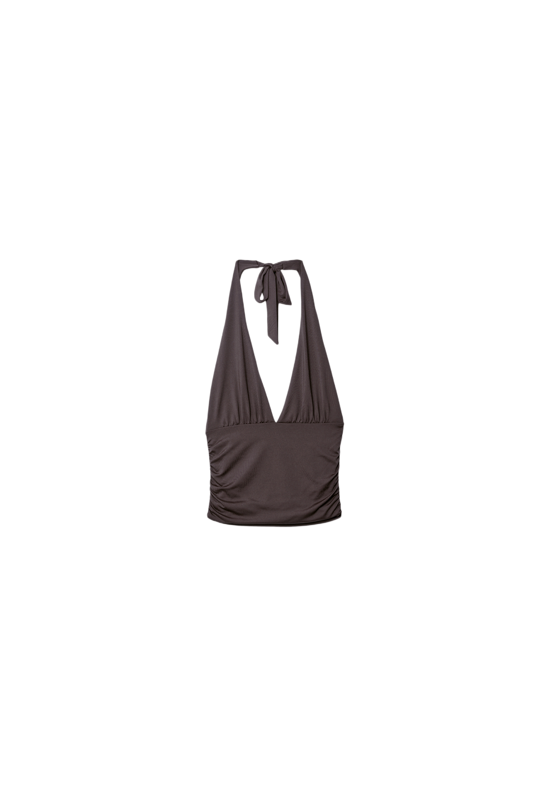 Ruched halter top with neck tie — Brown