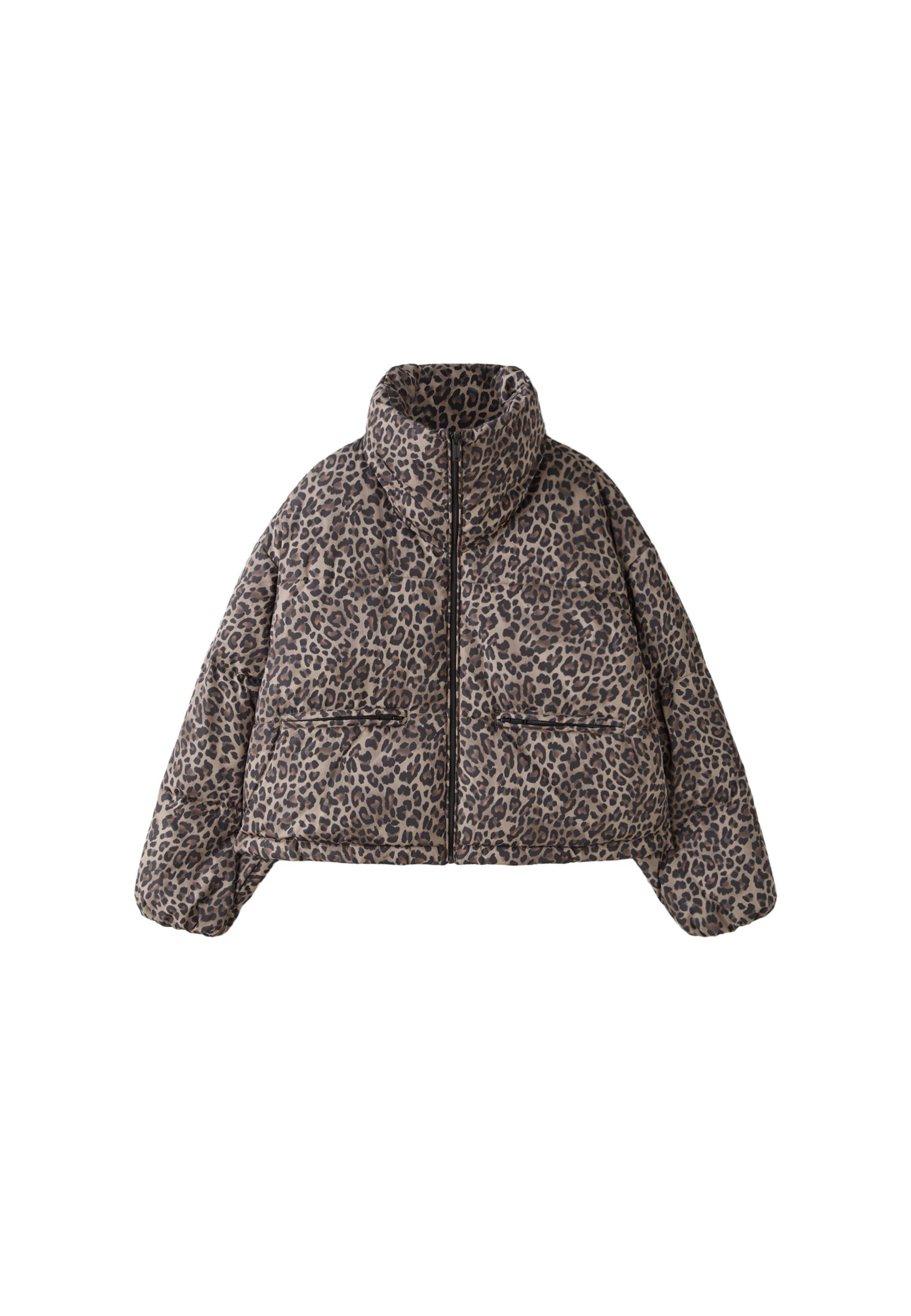 Animal print high-neck padded cropped jacket — Mid beige