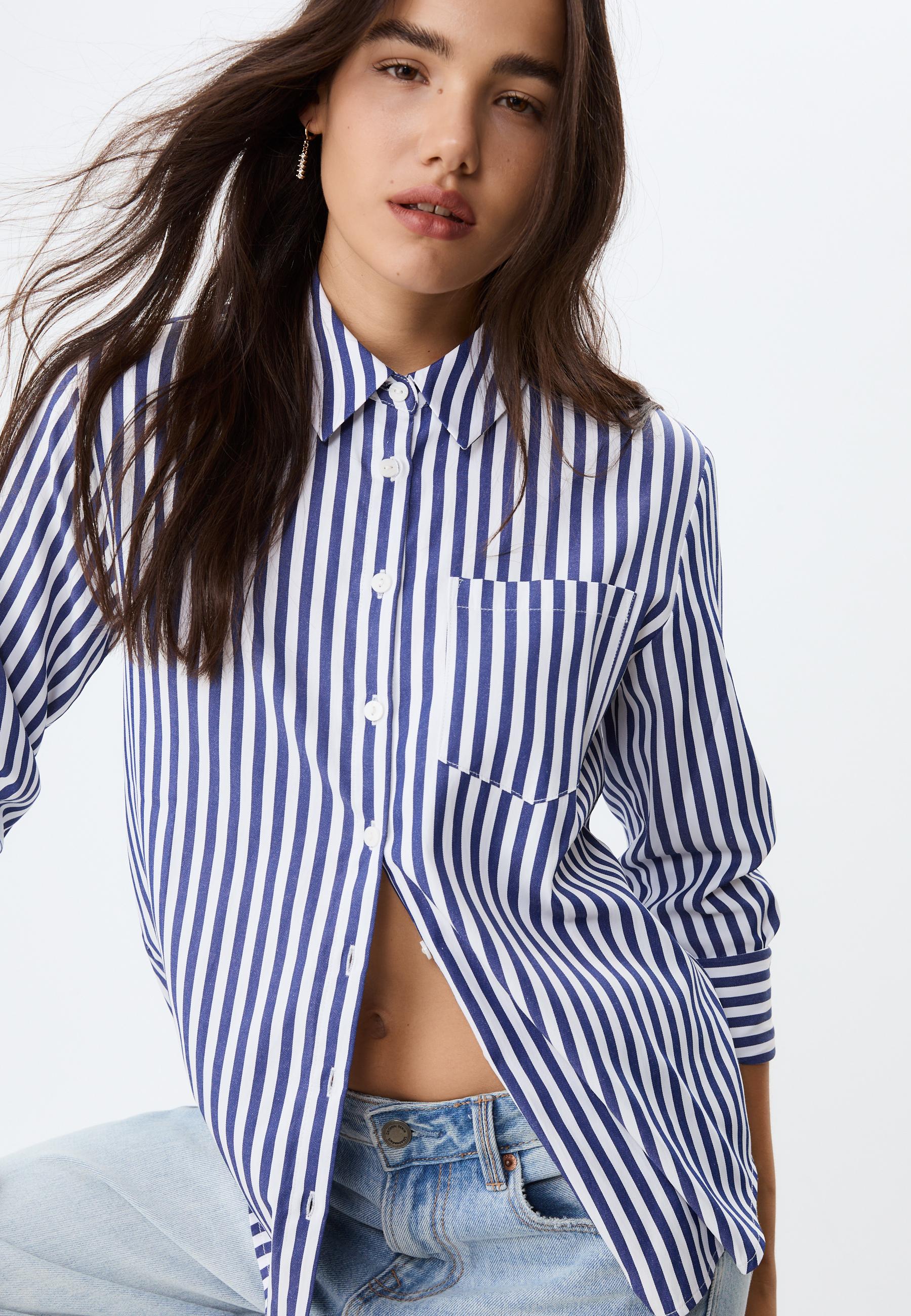 Basic striped poplin shirt with pocket — Navy blue
