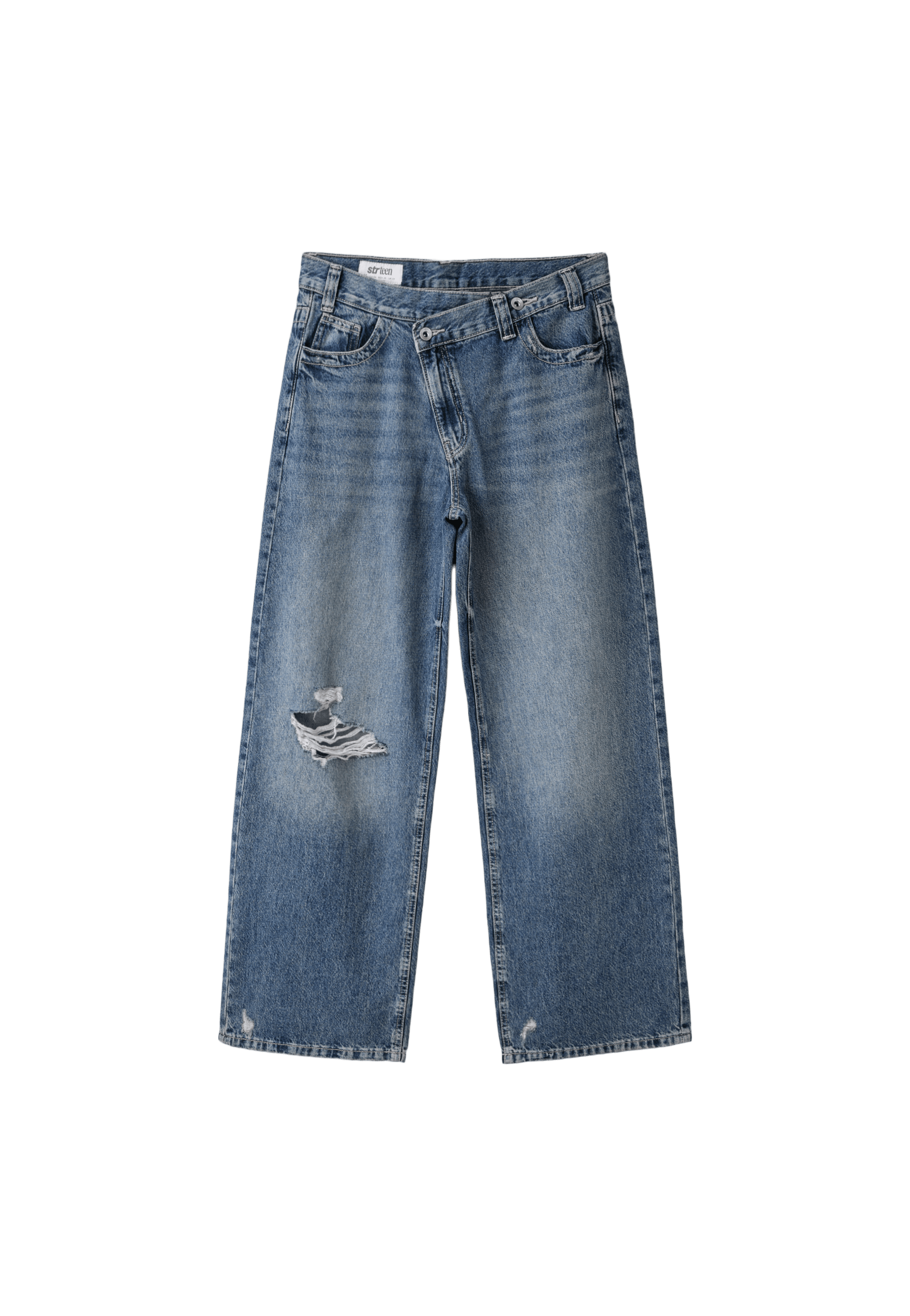 Cross-over waist wide-leg jeans — MEDIUM BLUE DENIM